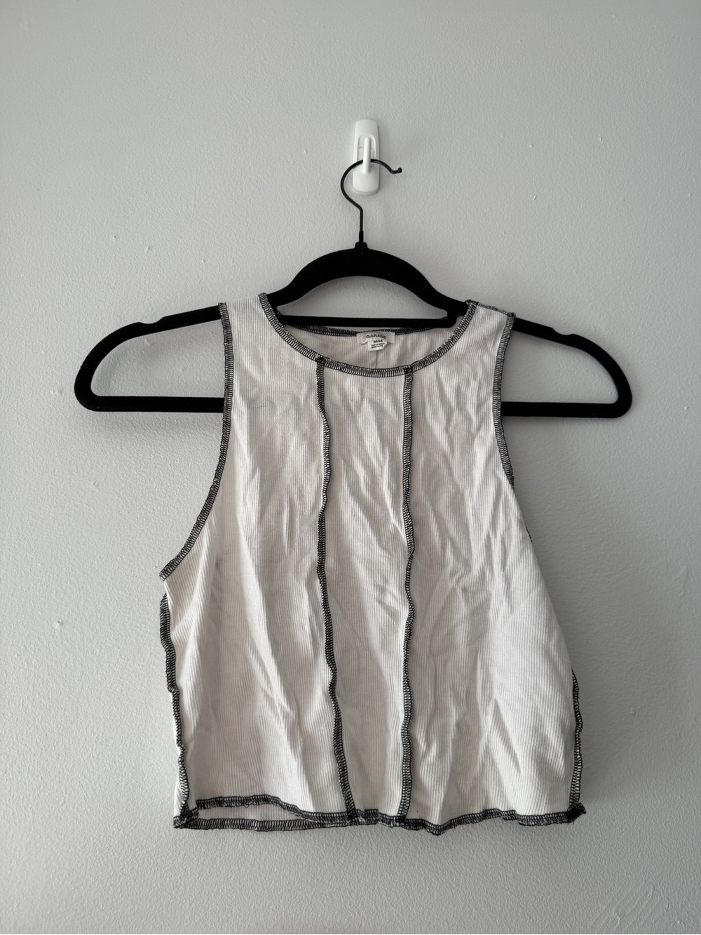 Garage White Tank Top with Contrast Black Stiching